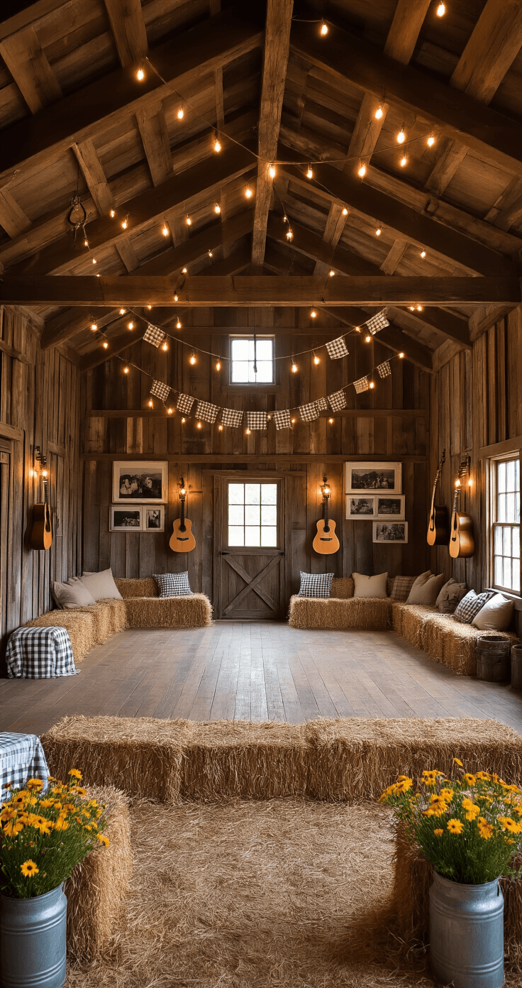 The Ultimate Guide to Mother-Son Dance Songs That Won't Make You Cry (Much) Rustic barn interior with wooden beams, string lights, vintage photos, hay bale seating, and a wooden dance floor, creating a warm and inviting atmosphere for country celebrations.
