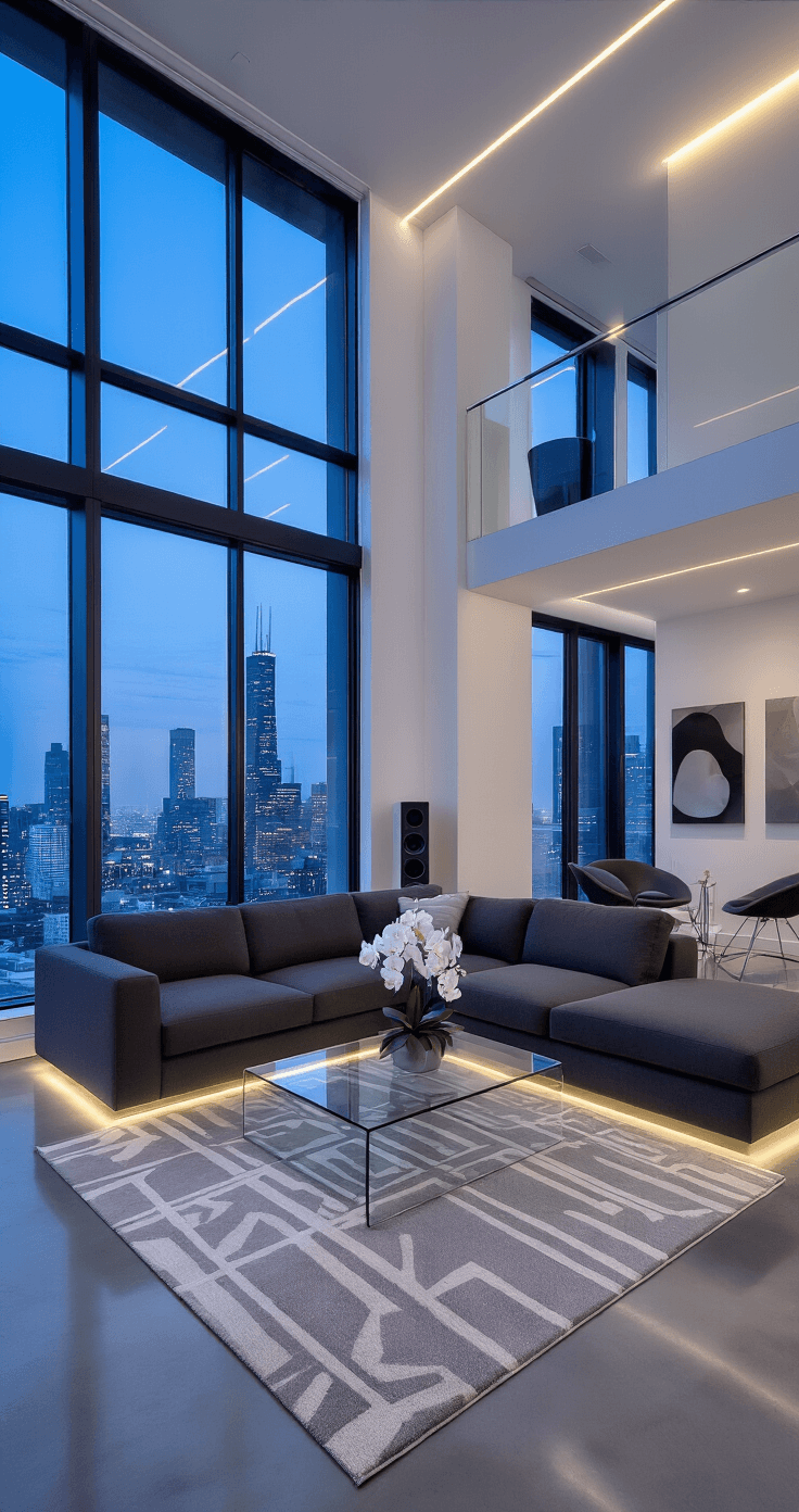 The Ultimate Guide to Mother-Son Dance Songs That Won't Make You Cry (Much) Modern minimalist living space with floor-to-ceiling windows, showcasing a city skyline during blue hour. Features a charcoal gray sectional sofa, a glass coffee table, and polished concrete floors that reflect ambient LED lighting. Decorated with fresh white orchids and geometric rugs, the space exudes sophistication with chrome and glass accents, ideal for musical appreciation and intimate gatherings.