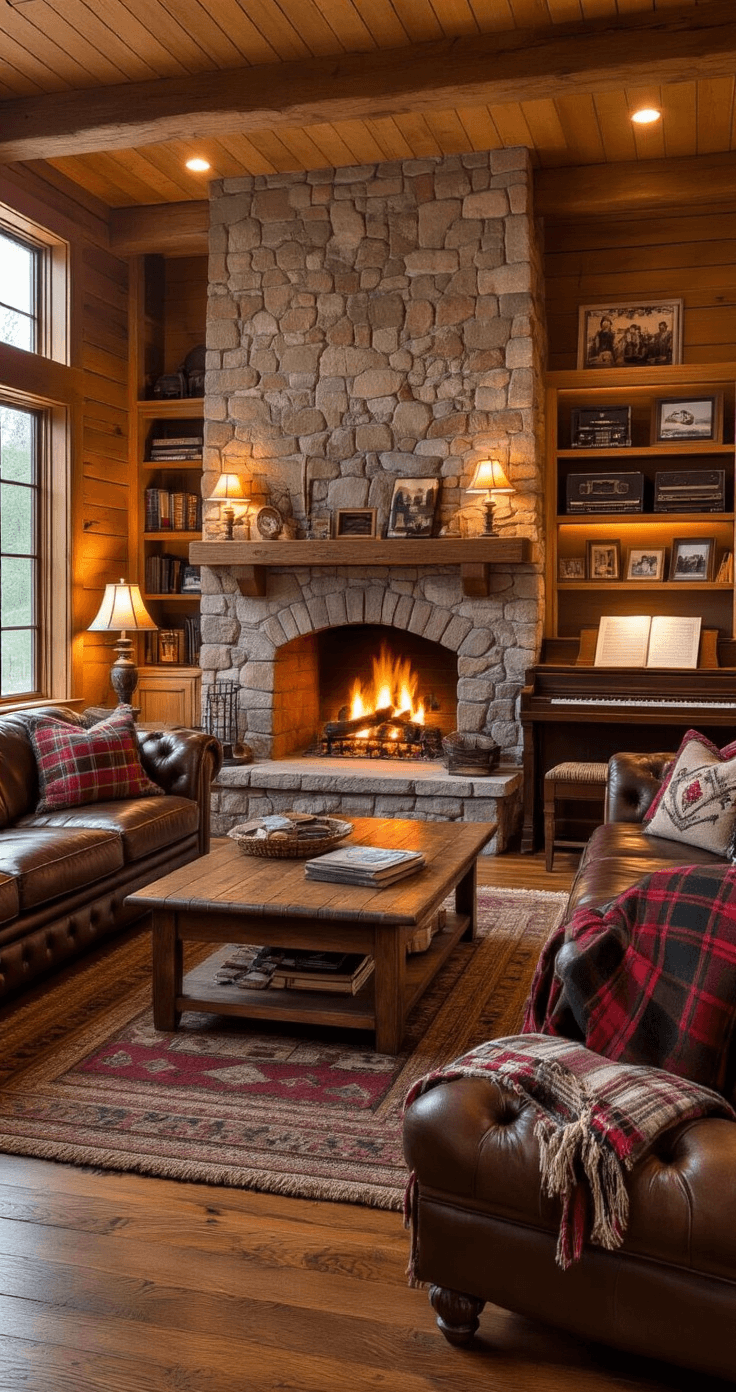 The Ultimate Guide to Mother-Son Dance Songs That Won't Make You Cry (Much) A cozy family den featuring a stone fireplace with crackling flames, surrounded by rich brown overstuffed leather sofas and a rustic wood coffee table. Built-in shelves display family photos and vintage audio equipment, with warm plaid throw blankets and needlepoint pillows adding texture. Hardwood floors are complemented by braided rugs, and soft lighting from table lamps enhances the nurturing, nostalgic atmosphere. An antique piano bench holds sheet music, capturing an intimate gathering space.