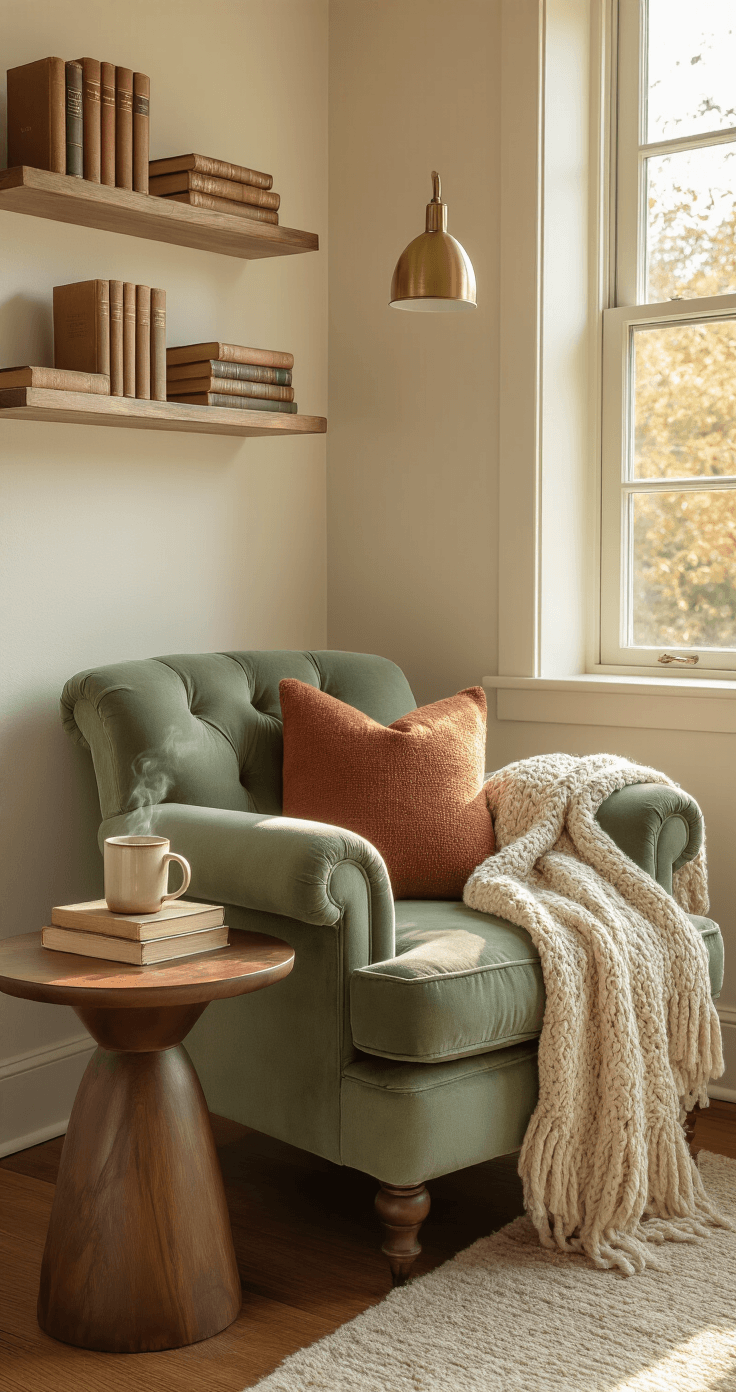 Creating a Cozy Reading Nook: Transform Any Corner Into Your Personal Book Haven Cozy bedroom reading nook featuring a sage green armchair, walnut side table with a steaming mug and paperbacks, oatmeal throw blanket, terracotta lumbar pillow, and a brass arc floor lamp, all illuminated by warm golden hour light.