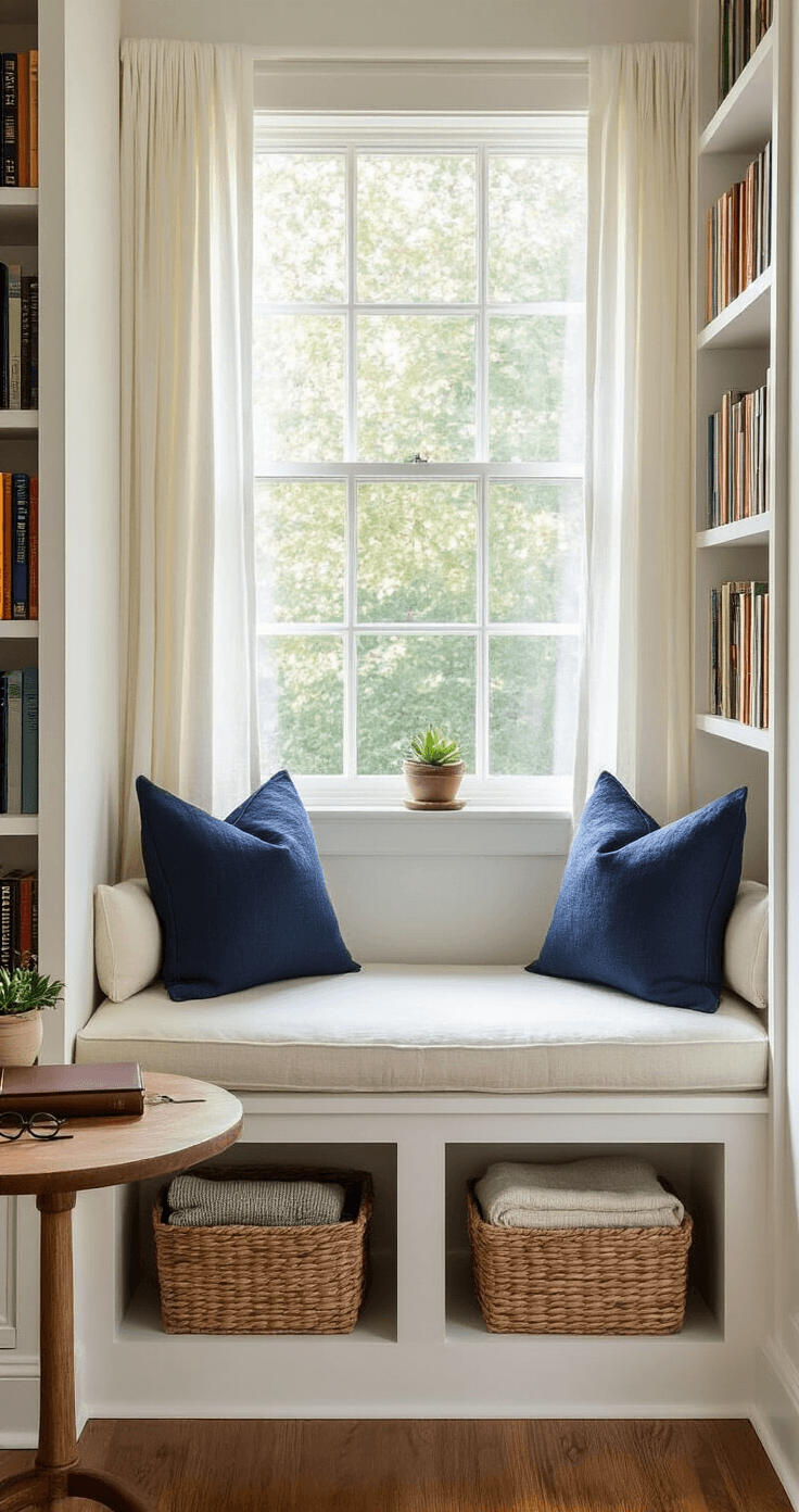 Creating a Cozy Reading Nook: Transform Any Corner Into Your Personal Book Haven A cozy bay window reading alcove bathed in soft morning light, featuring a built-in window seat with cream cushions and navy pillows, sheer white curtains, hardwood floors, a live-edge side table with reading glasses and a journal, woven baskets with blankets, colorful books on white shelves, and a succulent on the windowsill.