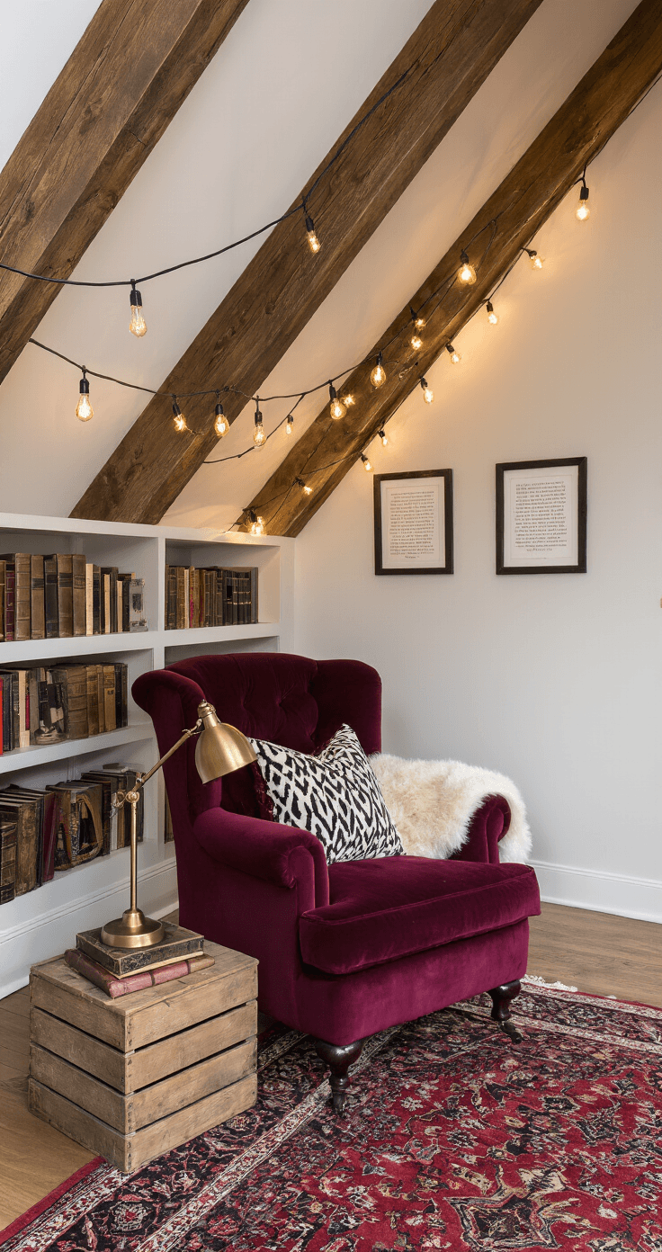 Creating a Cozy Reading Nook: Transform Any Corner Into Your Personal Book Haven Cozy attic reading nook with a burgundy velvet chair, warm string lights, and books on built-in shelves, captured in evening light.