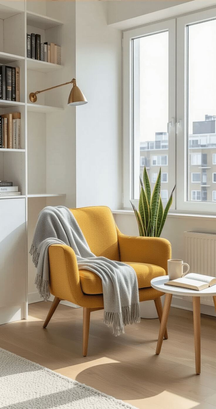 Creating a Cozy Reading Nook: Transform Any Corner Into Your Personal Book Haven Minimalist reading nook in a small apartment, featuring a mustard yellow mid-century modern chair, a narrow white oak bookshelf, and a simple round side table with a ceramic mug and open book, illuminated by natural light from large windows.