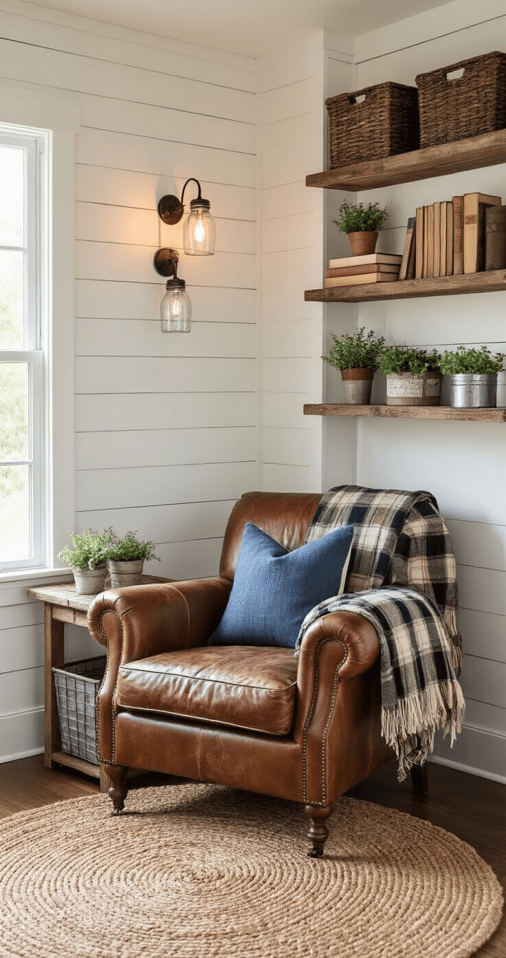 Creating a Cozy Reading Nook: Transform Any Corner Into Your Personal Book Haven A cozy rustic farmhouse reading nook featuring a distressed leather armchair, reclaimed wood side table, and warm lighting from mason jar sconces and natural light, surrounded by books on open shelving and decorative galvanized metal baskets.