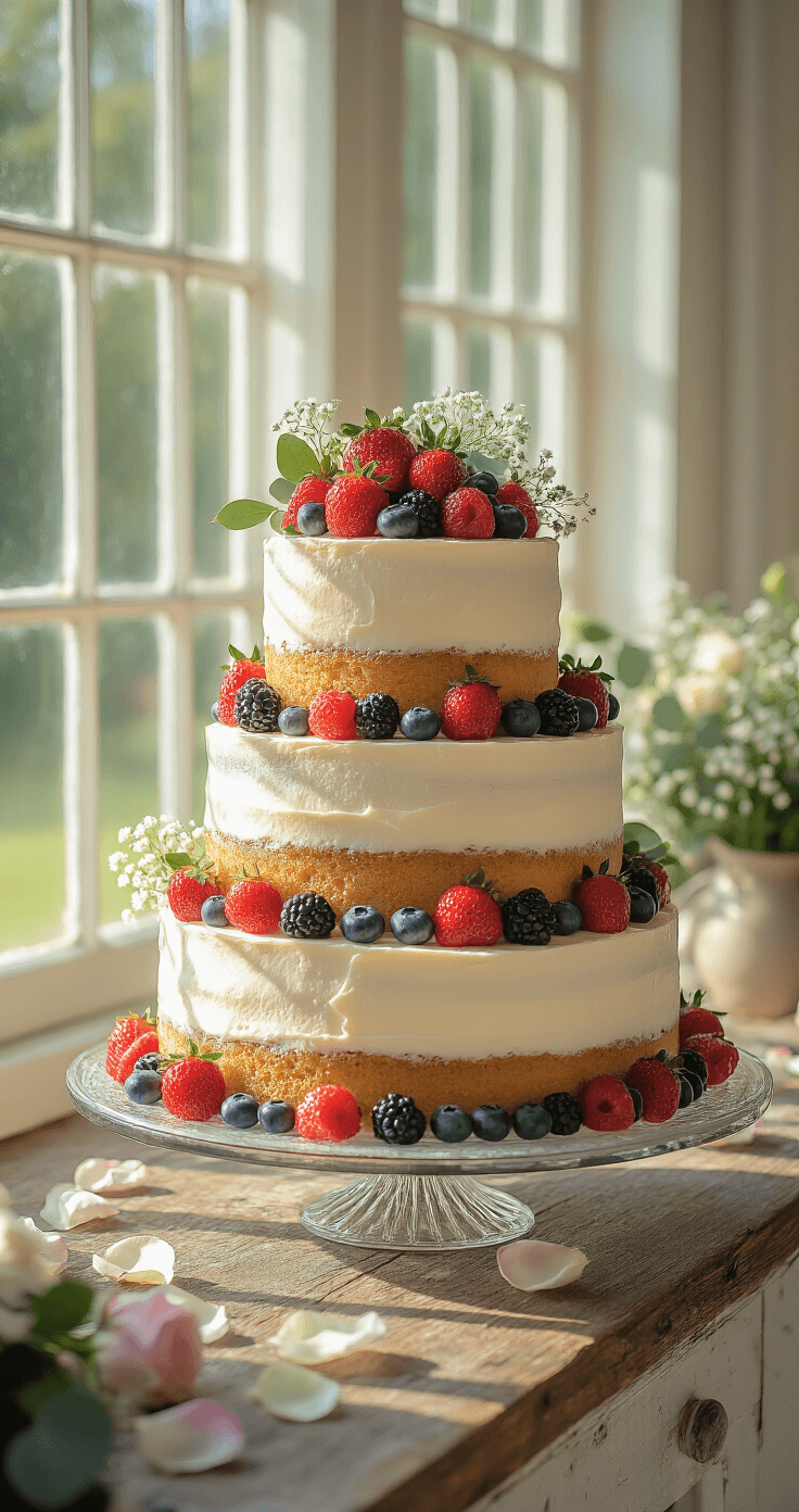 Why Naked Wedding Cakes Are Taking Over (And How to Style Them Perfectly) A close-up of a three-tier naked wedding cake adorned with fresh berries and eucalyptus, set on a rustic wooden table in a bright conservatory, with golden sunlight casting soft shadows.