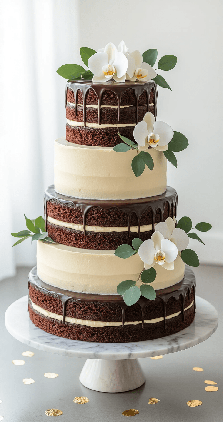 Why Naked Wedding Cakes Are Taking Over (And How to Style Them Perfectly) A semi-naked dark chocolate wedding cake with vanilla buttercream and fresh orchids on a marble pedestal, captured in a modern minimalist space with soft afternoon light.