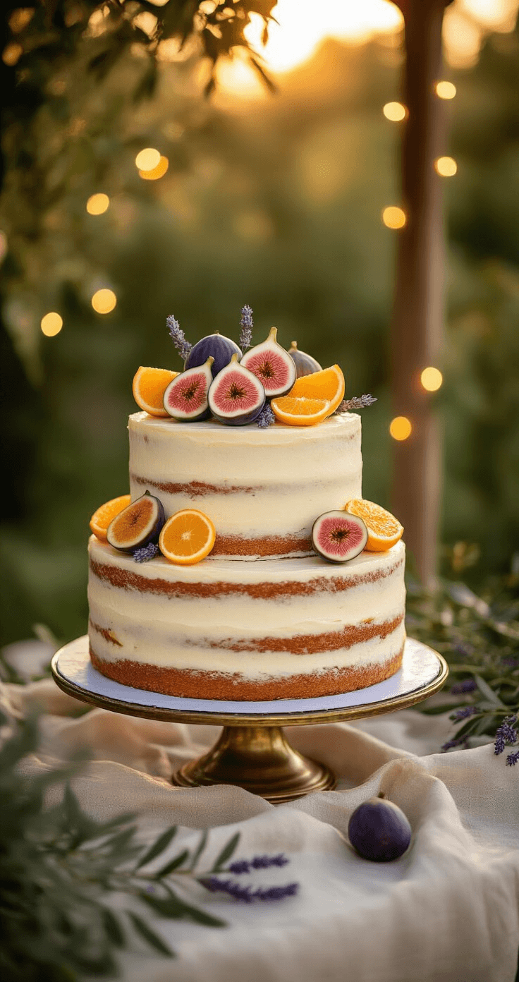 Why Naked Wedding Cakes Are Taking Over (And How to Style Them Perfectly) An ethereal two-tier naked cake adorned with fresh figs, citrus slices, and lavender sprigs sits on a vintage brass stand in a garden pavilion during golden hour, surrounded by olive branches and twinkling fairy lights, creating a romantic atmosphere.