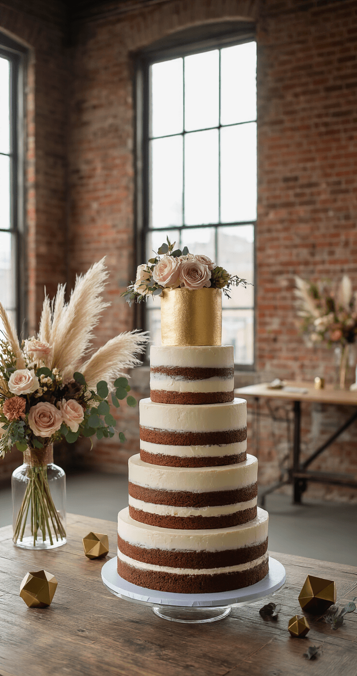 Why Naked Wedding Cakes Are Taking Over (And How to Style Them Perfectly) A contemporary naked wedding cake with chocolate and vanilla layers adorned in brushed metallic buttercream and gold leaf, set in an industrial loft with exposed brick walls and steel-framed windows, complemented by boho-chic floral arrangements of pampas grass and dusty rose blooms on a reclaimed wood table.
