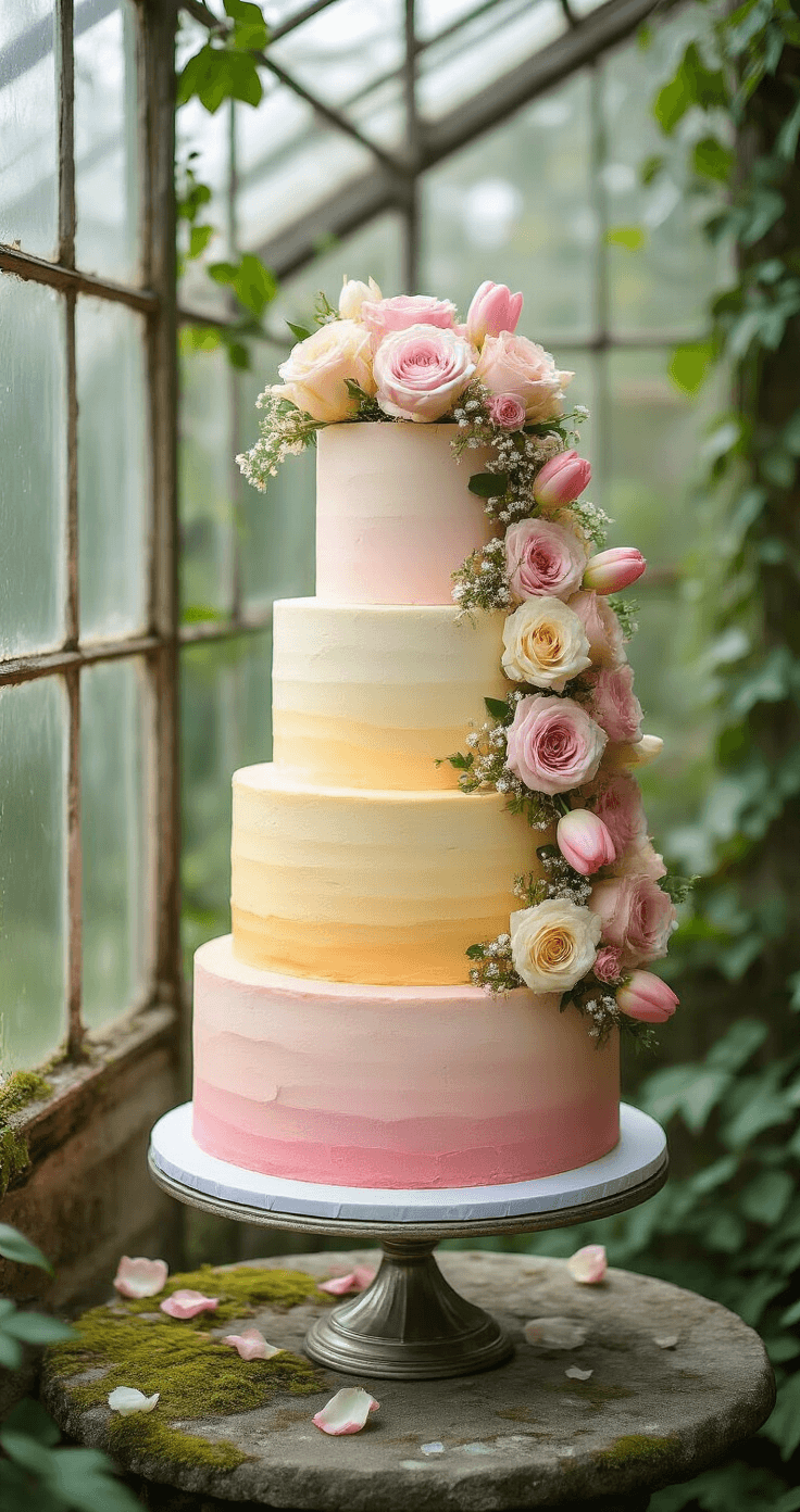 Why Naked Wedding Cakes Are Taking Over (And How to Style Them Perfectly) A romantic semi-naked cake in a vintage greenhouse, featuring four tiers with a sunset ombré effect from blush pink to golden yellow, adorned with fresh garden flowers and set on a moss-covered table.