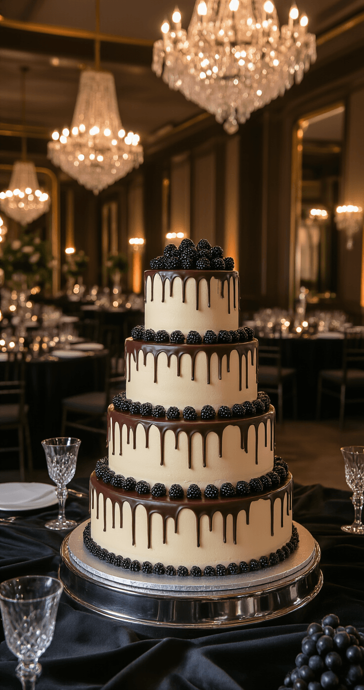 Why Naked Wedding Cakes Are Taking Over (And How to Style Them Perfectly) A luxurious three-tier chocolate drip cake adorned with glossy ganache drips, fresh blackberries, and dark purple grapes, highlighted with edible gold dust, sitting on a silver pedestal in an upscale ballroom with crystal chandeliers and mirror-lined walls, set against black velvet linens and crystal stemware, captured at eye-level with dramatic evening lighting.