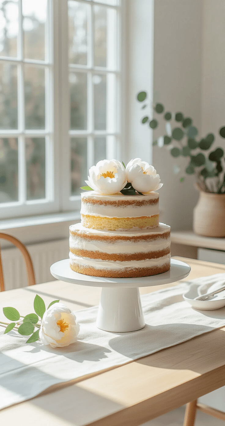 Why Naked Wedding Cakes Are Taking Over (And How to Style Them Perfectly) A minimalist two-tier naked cake with exposed lemon layers and vanilla buttercream sits on a white ceramic stand in a bright Scandinavian room, illuminated by natural light streaming through floor-to-ceiling windows, surrounded by white peonies and eucalyptus on a linen table runner, with clean lines, pale wood furniture, and woven baskets in the background, creating a serene atmosphere.