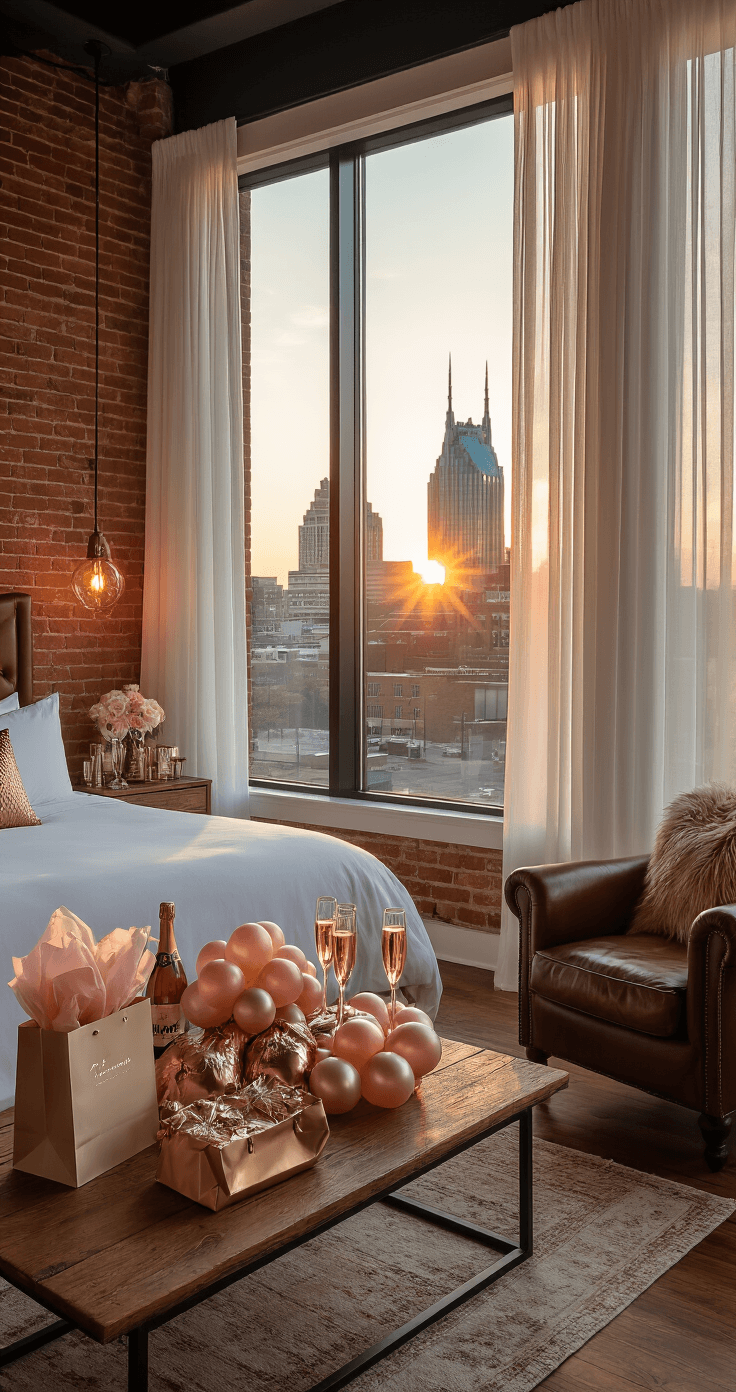 My Complete Guide to Planning the Ultimate Nashville Bachelorette Party A luxurious Nashville-inspired hotel suite during golden hour, featuring a king bed with crisp white linens, bachelorette party decorations on a rustic coffee table, and a vintage leather armchair draped with blush pink faux fur, all illuminated by warm sunset light.