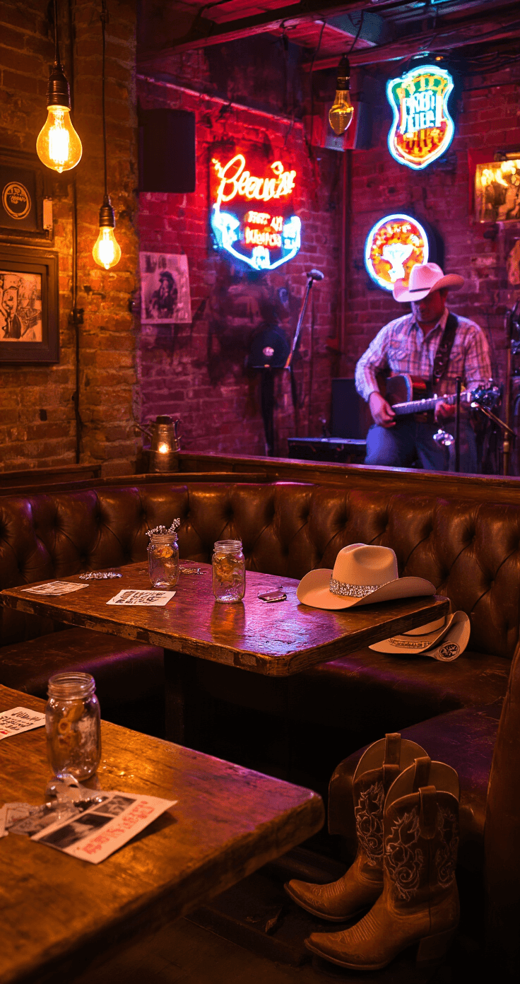 My Complete Guide to Planning the Ultimate Nashville Bachelorette Party A cozy honky tonk bar interior featuring a corner booth with distressed leather seating, mason jar cocktails, and bachelorette party accessories, illuminated by warm amber lighting and surrounded by country music memorabilia, with a live band performing in the background.