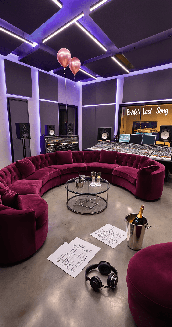 My Complete Guide to Planning the Ultimate Nashville Bachelorette Party A stylish recording studio lounge with plush burgundy velvet couches, ambient purple and blue LED lighting, professional audio equipment, champagne in an ice bucket, custom lyric sheets, and festive rose gold balloons, all capturing a sophisticated yet celebratory atmosphere for a bachelorette session.