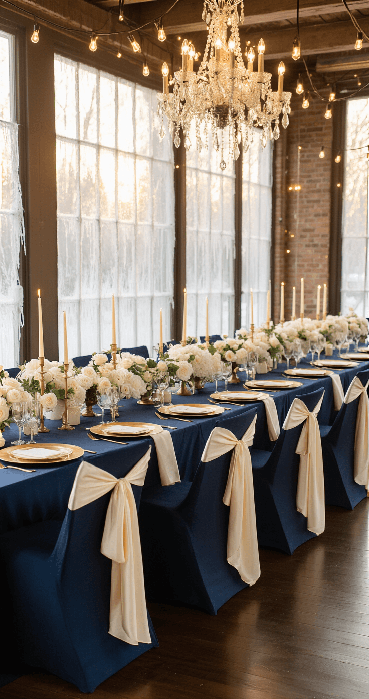 Why Navy and Cream Winter Weddings Are Taking Over (And How I Nailed Mine) Sophisticated winter wedding reception hall with navy blue tablecloths, cream silk runners, and elegant centerpieces of cream roses and white peonies, bathed in golden afternoon light from frost-covered windows.