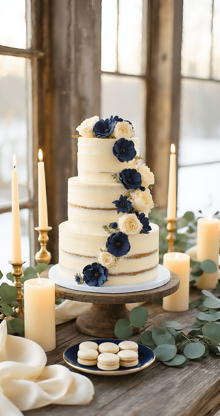 Why Navy and Cream Winter Weddings Are Taking Over (And How I Nailed Mine) An intimate winter wedding cake display featuring a three-tier naked cake with cream-colored buttercream and navy blue sugar flowers, surrounded by cream pillar candles and eucalyptus garland, captured in warm golden hour lighting with blurred string lights in the background.