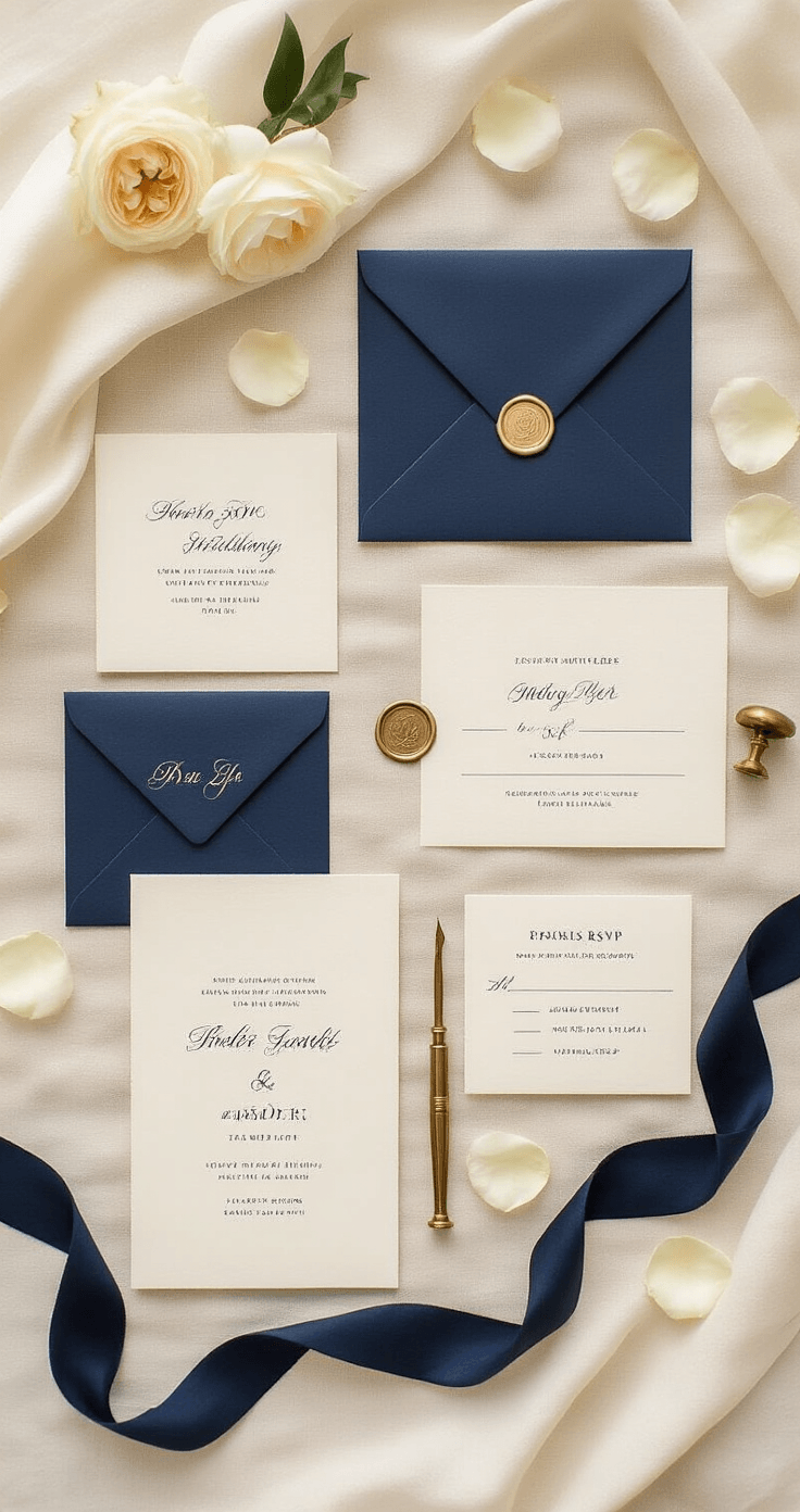 Why Navy and Cream Winter Weddings Are Taking Over (And How I Nailed Mine) A luxurious winter wedding invitation suite arranged on a cream linen backdrop, featuring navy blue envelopes with elegant cream wax seals, cream invitation cards with navy typography, RSVP cards, cream rose petals, and navy silk ribbon, all captured in soft natural light.