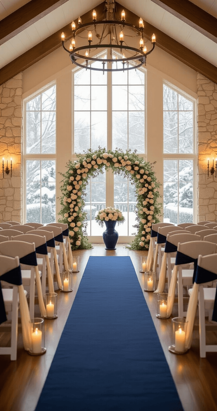 Why Navy and Cream Winter Weddings Are Taking Over (And How I Nailed Mine) A winter wedding ceremony space with cream chair covers tied with navy blue sashes, tall windows showcasing snow-dusted trees, and dramatic floral arrangements at the altar, illuminated by warm uplighting and string lights.