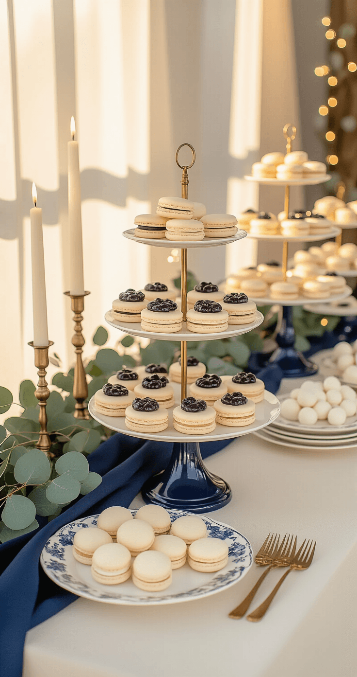 Why Navy and Cream Winter Weddings Are Taking Over (And How I Nailed Mine) A sophisticated winter wedding dessert table featuring cream-colored treats on navy blue cake stands, embellished with brass pedestals, illuminated by warm golden hour light, with eucalyptus garland, cream pillar candles, and soft bokeh from string lights.