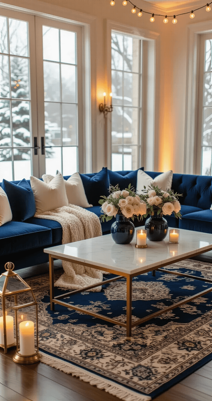 Why Navy and Cream Winter Weddings Are Taking Over (And How I Nailed Mine) A cozy and elegant winter wedding reception lounge featuring navy blue velvet sofas with cream silk pillows, a marble coffee table, brass accent tables with floral arrangements, and warm ambient lighting from candles and string lights, set against snow-covered trees visible through large windows.