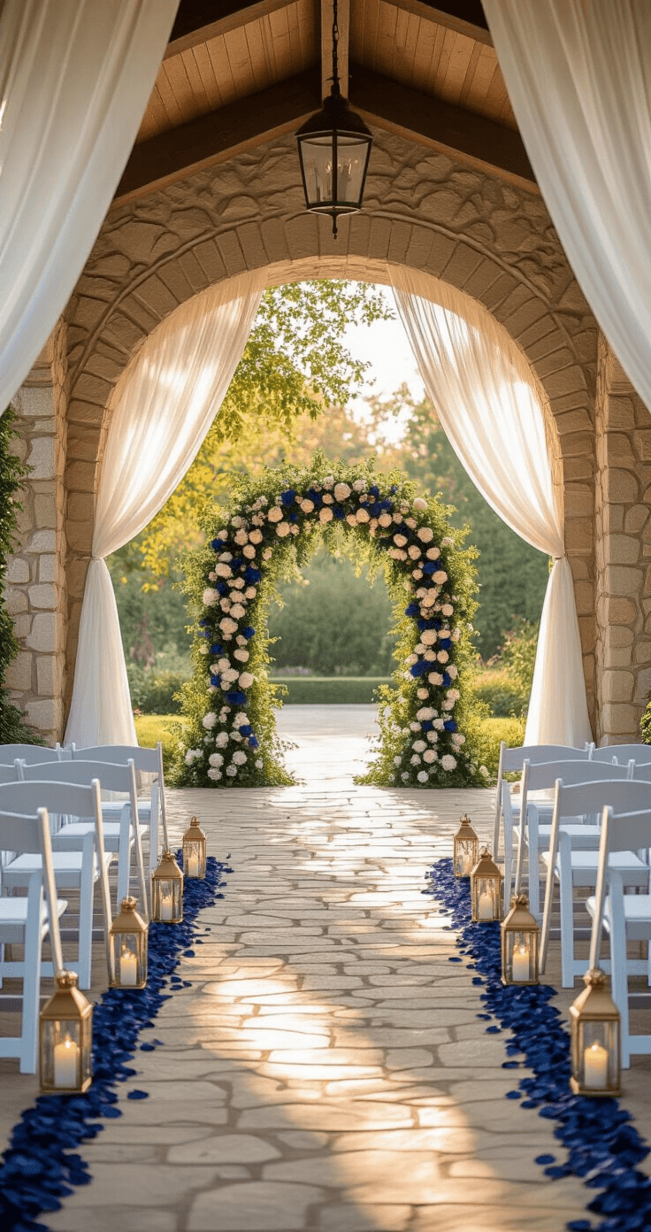 Navy Blue and Rose Gold: A Perfect Wedding Color Combination Cinematic outdoor wedding ceremony aisle with navy blue rose petals and rose gold lanterns, framed by natural stone archways and a floral arch featuring navy hydrangeas and ivory roses, all bathed in warm golden light.