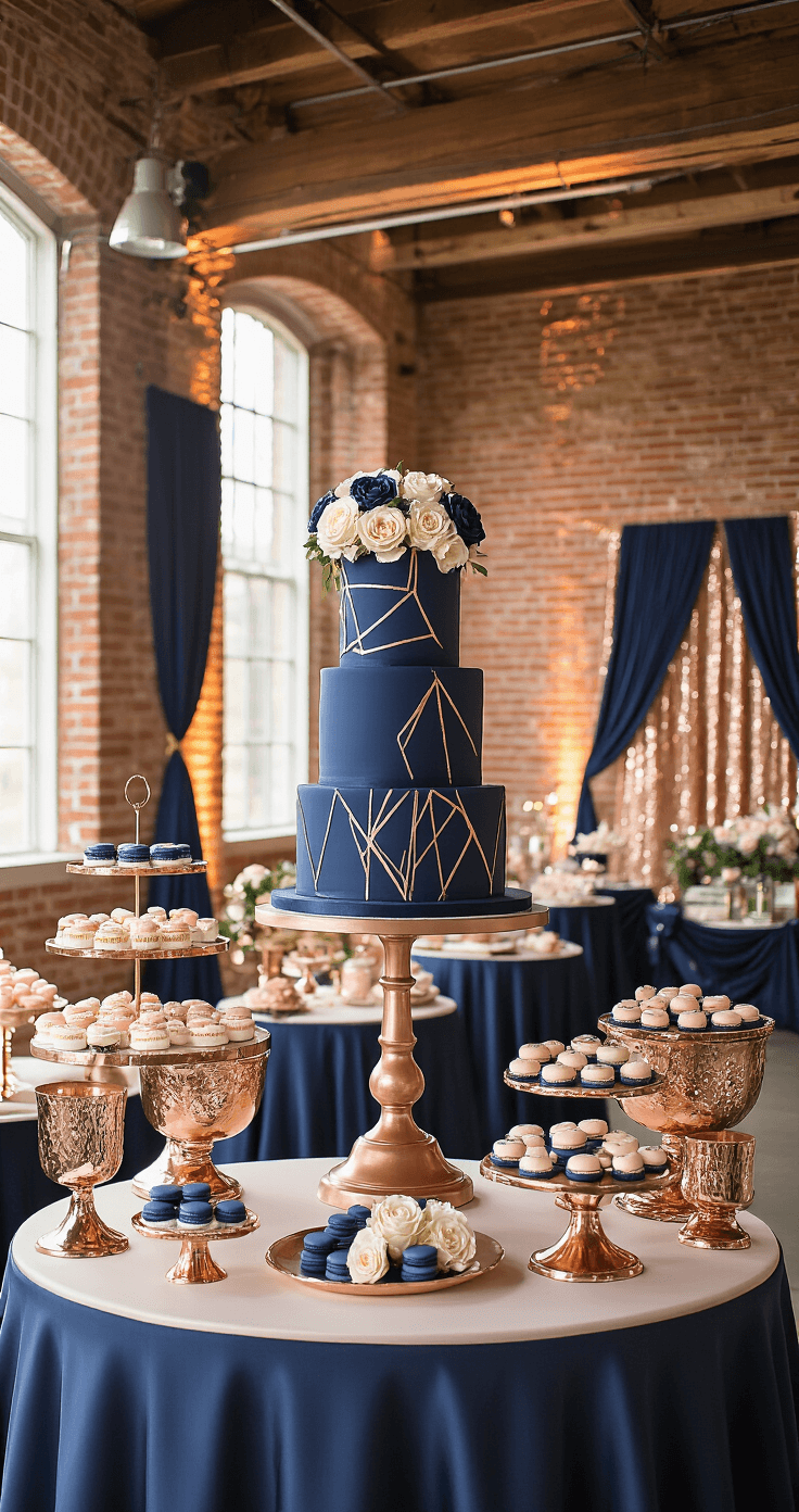 Navy Blue and Rose Gold: A Perfect Wedding Color Combination Elegant wedding cake display in a luxury venue featuring a three-tier navy blue fondant cake with rose gold metallic brushstrokes and cascading sugar flowers, surrounded by rose gold mercury glass vessels filled with navy macarons and blush petit fours, against a backdrop of navy silk draping and rose gold sequin panels.