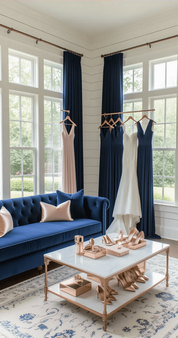 Navy Blue and Rose Gold: A Perfect Wedding Color Combination Sophisticated bridal suite with floor-to-ceiling windows, showcasing a garden view. Morning light illuminates a navy velvet sofa displaying gradient navy bridesmaid dresses and rose gold accessories on a white marble coffee table. An ivory bridal gown hangs on vintage brass hooks against shiplap walls, while navy curtains frame the windows and rose gold mirrors reflect light. Shallow depth of field captures the airy, luxurious atmosphere.