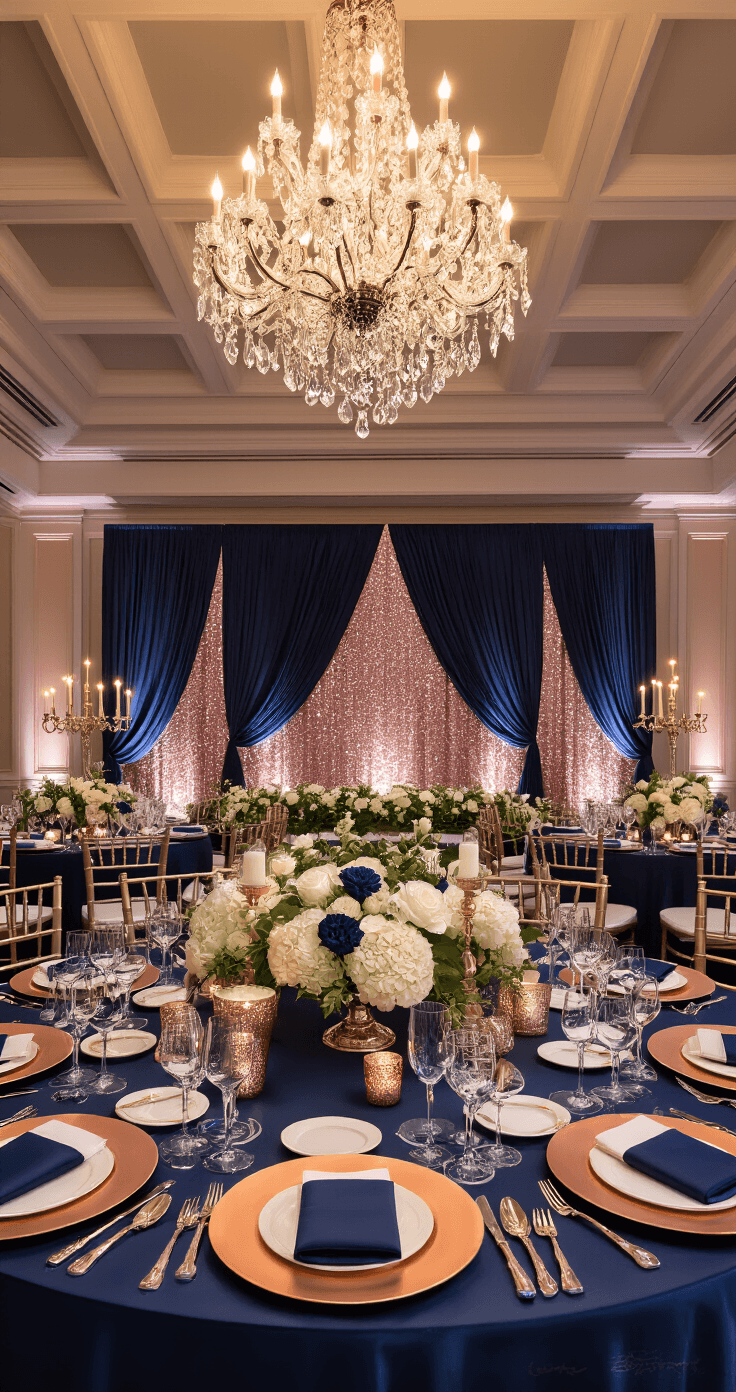 Navy Blue and Rose Gold: A Perfect Wedding Color Combination Luxurious ballroom head table with navy silk linens, warm candlelight, rose gold accents, and a floral centerpiece of navy hydrangeas and ivory roses, set against a backdrop of navy fabric panels and rose gold sequins.