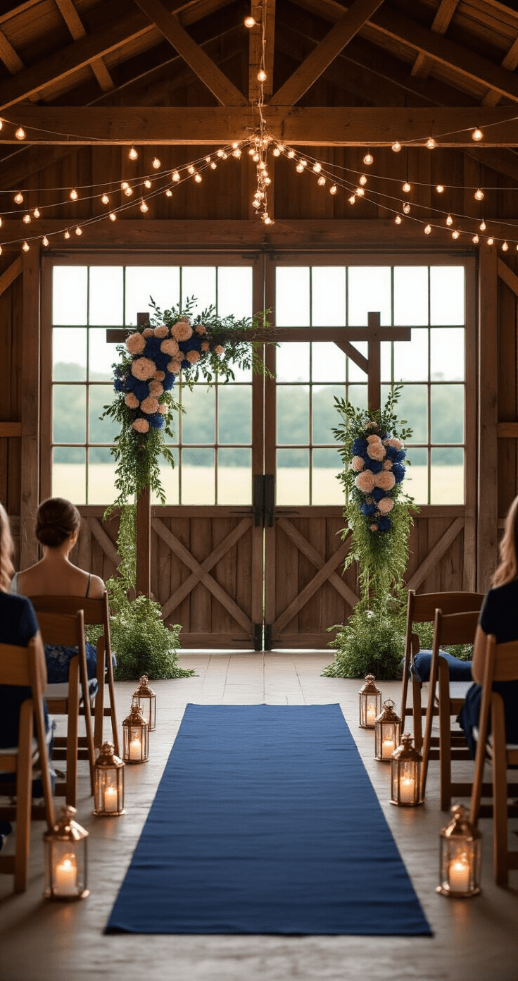 Navy Blue and Rose Gold: A Perfect Wedding Color Combination Intimate barn wedding altar adorned with navy blue hydrangeas, blush roses, and greenery, under soft string lights and warm Edison bulbs, featuring a rose gold cross-back arch and a navy blue aisle runner lined with lanterns, creating a romantic atmosphere with vintage wooden chairs.