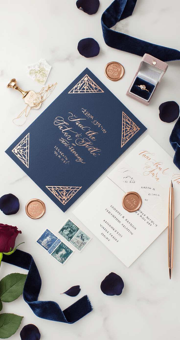 Navy Blue and Rose Gold: A Perfect Wedding Color Combination Wedding invitation flat lay arrangement featuring navy blue cardstock with rose gold foil calligraphy and geometric borders, complemented by rose gold wax seals, metallic addressing pens, navy blue ribbon, and rose gold envelope liners. The composition includes scattered navy rose petals, a rose gold calligraphy pen, and a small navy velvet ring box, all captured in natural window light on a white marble surface from an overhead perspective.