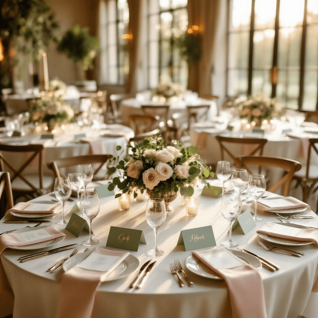 Cinematic overhead shot of a luxurious indoor ballroom during golden hour, featuring elegantly set round tables with white silk linens, blush pink napkins, sage green tent-style place cards in gold calligraphy, crystal vases with eucalyptus and white roses, and warm ambient lighting from ivory candles, showcasing meticulous wedding reception styling.