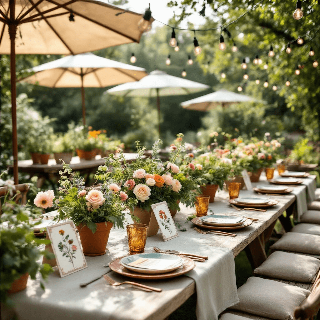 A whimsical garden party setup in soft morning light featuring low picnic-style tables with terracotta and sage green decor, botanical-themed place cards, mismatched vintage china, copper flatware, and amber glassware, adorned with overflowing floral centerpieces and DIY elements like potted herb favors and handwritten menu boards, all under dappled shade from market umbrellas and string lights.