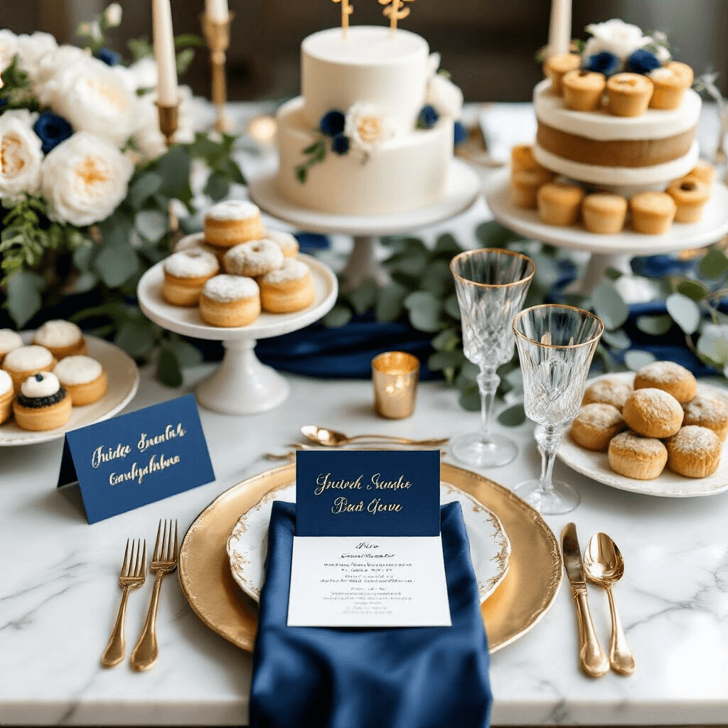 Elegant dessert table styled with navy blue foil-stamped place cards featuring gold lettering, set on a marble countertop. The arrangement includes tiered cake stands with an assortment of pastries and a three-tier birthday cake adorned with fresh florals. Navy blue silk table runner, gold charger plates, and crystal stemware complete the luxurious place settings, while ivory peonies and eucalyptus garlands frame the scene. Gold pillar candles in brass holders enhance the ambiance, and each place card showcases guests' names alongside small gift boxes tied with velvet ribbons.