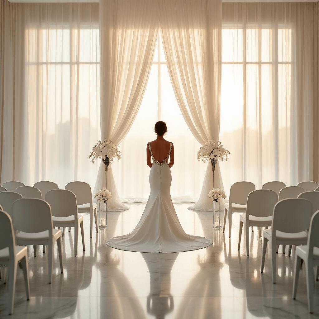 Elegant indoor ballroom during golden hour, featuring a modern minimalist wedding setup with white ghost chairs, sleek altar backdrop, and the bride in a stunning crepe gown, illuminated by natural sunlight.