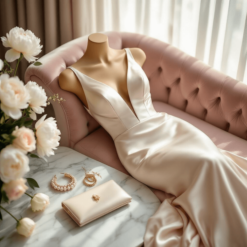 Overhead shot of an intimate bridal preparation scene featuring a silk charmeuse wedding dress on a blush pink velvet chaise lounge, surrounded by pearl earrings, a minimalist ivory leather clutch, delicate gold bracelets, and silk ribbon hair accessories, with fresh white peonies and soft morning light filtering through sheer curtains.