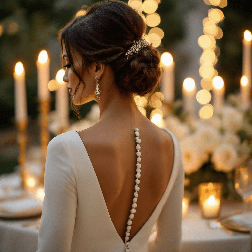 Close-up of a fitted crepe wedding gown showcasing intricate button details along the spine, complemented by the bride's elegant updo and geometric neckline. Soft candlelight casts a warm glow over the scene, with blurred fairy lights in the background and glimpses of an elegantly styled reception table featuring white silk linens, gold-rimmed glassware, and low white rose centerpieces.