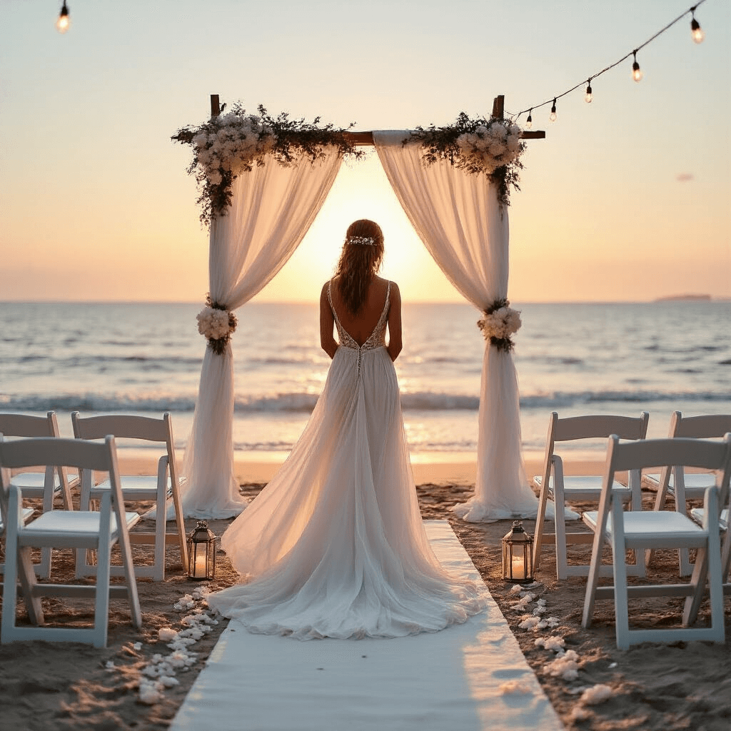 Cinematic wide shot of a beachfront wedding ceremony at golden hour, with a bride in a flowing chiffon sheath dress, a white fabric arch adorned with hydrangeas, white wooden chairs, a sand carpet runner, ambient string lights, and scattered rose petals, set against a warm sunset glow.
