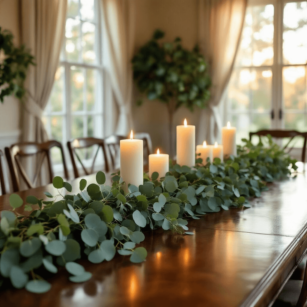 How to Create Stunning Eucalyptus Centerpieces That'll Make Your Guests Go "Wow!" Wide-angle shot of an elegant dining room at golden hour, featuring a mahogany dining table adorned with a flowing eucalyptus garland centerpiece, ivory pillar candles, cream silk table runner, fine bone china, and crystal glassware, illuminated by soft sunlight.