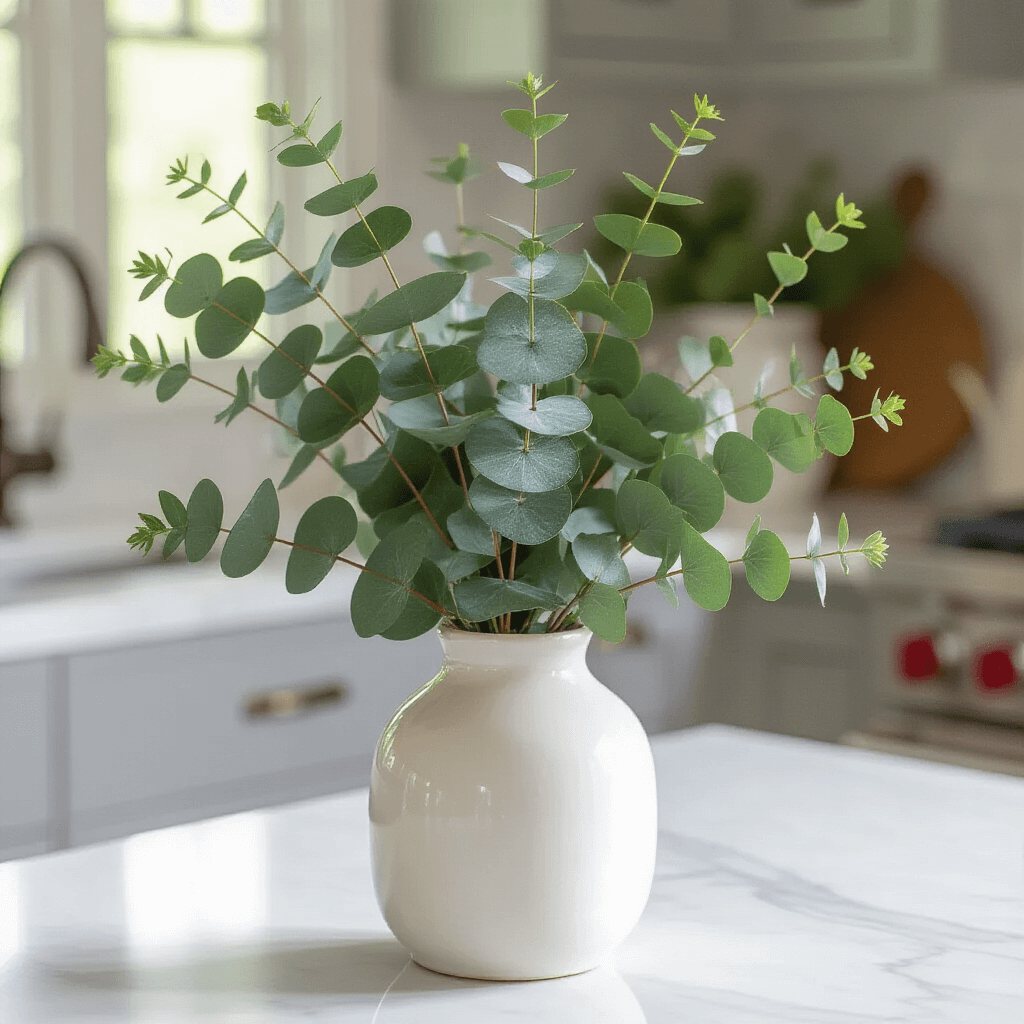 How to Create Stunning Eucalyptus Centerpieces That'll Make Your Guests Go "Wow!" Close-up of a compact eucalyptus centerpiece in a white ceramic vase on a marble kitchen island, featuring varying angles of eucalyptus stems and glistening leaves, captured in soft morning light.
