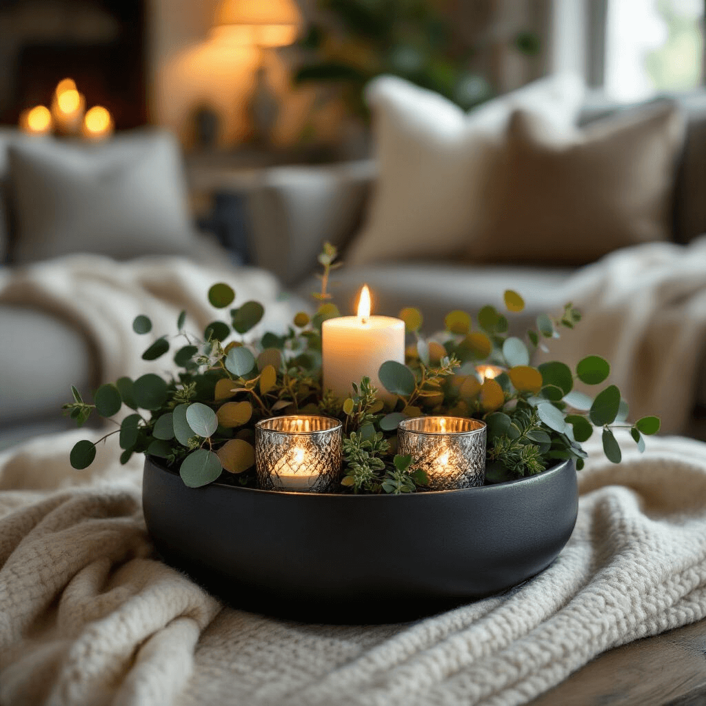 How to Create Stunning Eucalyptus Centerpieces That'll Make Your Guests Go "Wow!" Candlelit cozy living room with a eucalyptus centerpiece on a coffee table, surrounded by mercury glass votives and soft cream cashmere throws, creating an inviting atmosphere.