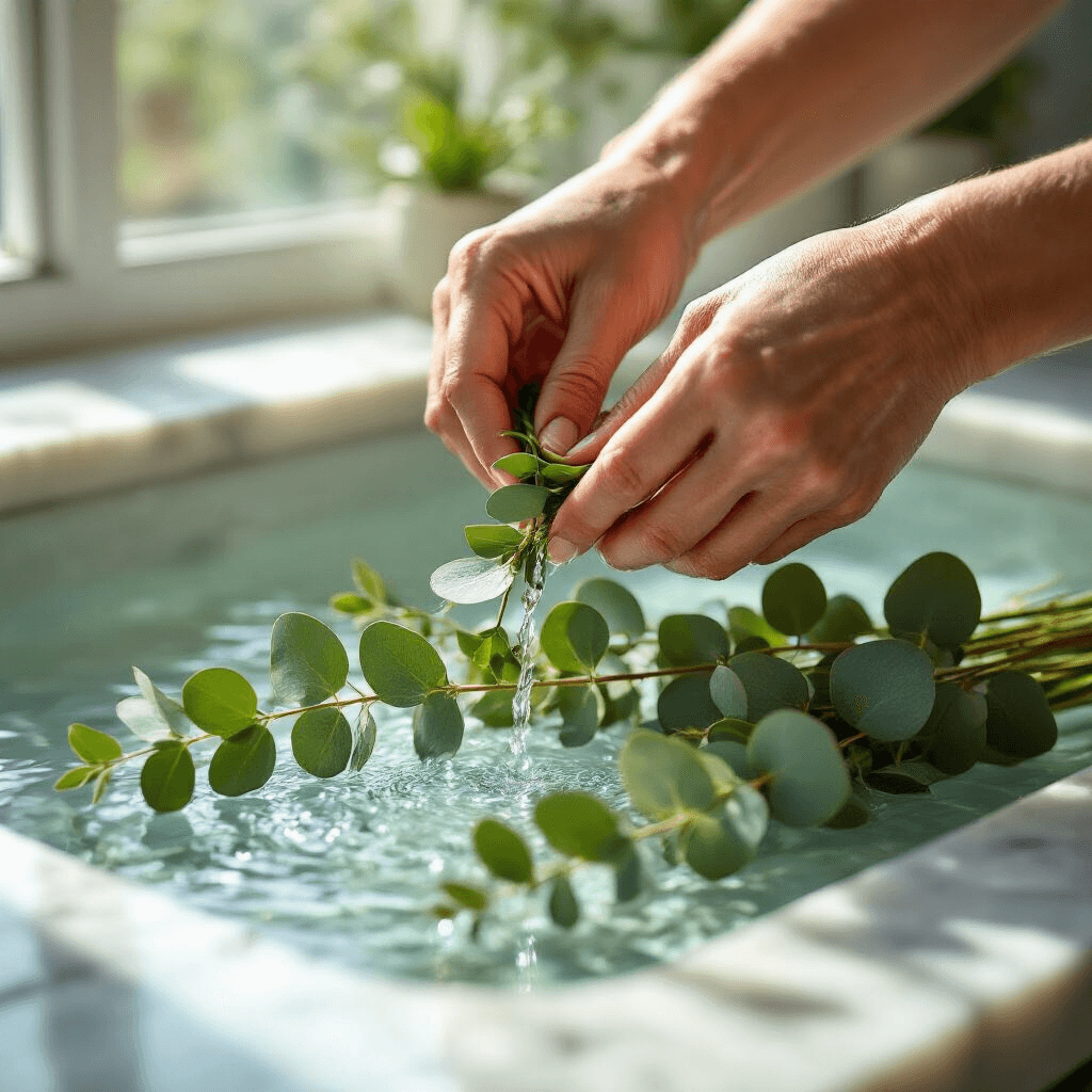 How to Create Stunning Eucalyptus Centerpieces That'll Make Your Guests Go "Wow!" Close-up of hands trimming silver dollar and seeded eucalyptus stems under running water, with droplets glistening in bright sunlight, showcasing their intricate patterns and natural beauty against a clean marble countertop and glass vessels filled with clear water.