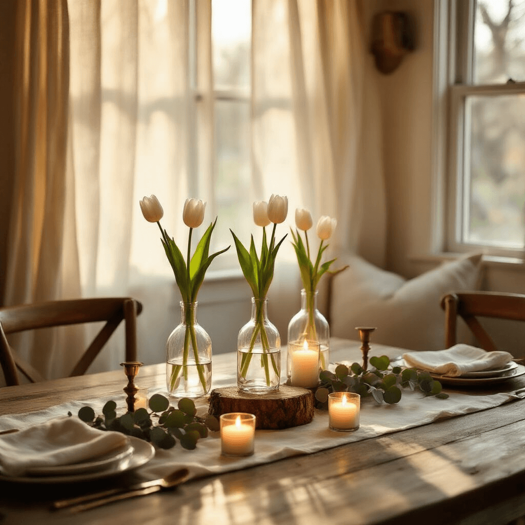 Simple Table Decorations That Transform Your Dining Space Without Breaking the Bank Cinematic wide-angle shot of an intimate indoor dining nook during golden hour, featuring a rustic wooden table with clear glass bud vases of white tulips, flickering votive candles, sheer linen curtains, and a delicate eucalyptus garland, all presented in a warm color palette of ivory, sage green, and natural wood tones.