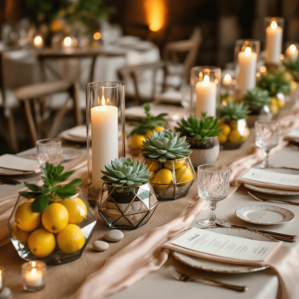 Simple Table Decorations That Transform Your Dining Space Without Breaking the Bank Elegant indoor ballroom table set for a candlelit evening, featuring geometric glass terrariums with succulents, layered silk linens in blush pink and cream, glass bowls of lemons and limes with mint, white pillar candles, a burlap runner, fine china place settings, vintage votive holders, and handwritten menu cards, all captured in soft, moody lighting.