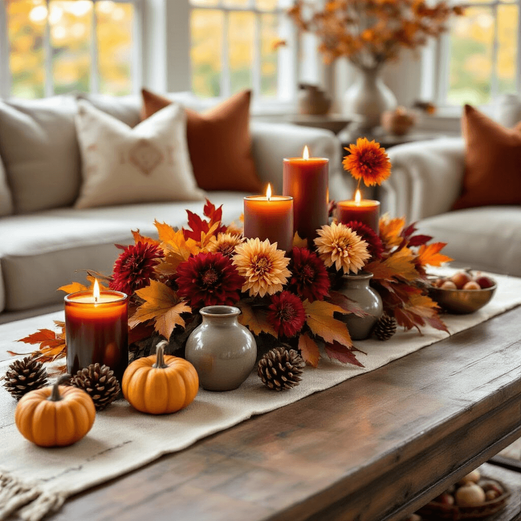 Simple Table Decorations That Transform Your Dining Space Without Breaking the Bank Close-up of a cozy living room coffee table styled for autumn with a centerpiece of burgundy and orange leaves, amber candles, terracotta dahlias, miniature pumpkins, pinecones, a cream linen table runner, vintage brass elements, and bowls of pears and cinnamon sticks, all illuminated by soft morning light.