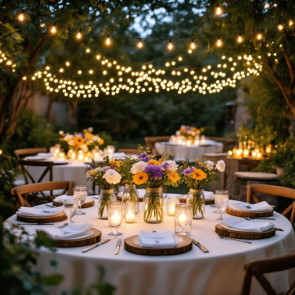 Simple Table Decorations That Transform Your Dining Space Without Breaking the Bank Cinematic backyard garden party at night, featuring round tables with ivory linens, whimsical tissue paper flower centerpieces, mason jars with colorful flowers, glass bud vases, and warm fairy lights overhead. Natural wood elements, eucalyptus garlands, and potted herbs add charm, with a color palette of white, lavender, green, and gold accents, illuminated by battery-operated tea lights in paper bag luminaries.