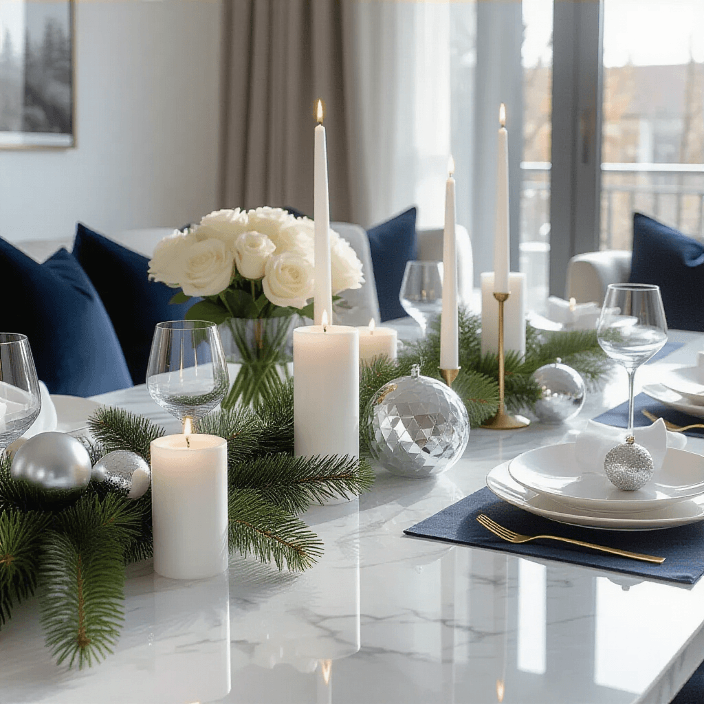 Simple Table Decorations That Transform Your Dining Space Without Breaking the Bank Wide-angle shot of a modern apartment dining space bathed in midday sunlight, showcasing a sleek marble-topped table adorned with evergreen branches, white pillar candles, metallic silver ornaments, geometric glass terrariums with white roses, and rich navy velvet cushions, all creating an elegant and upscale minimalist aesthetic.