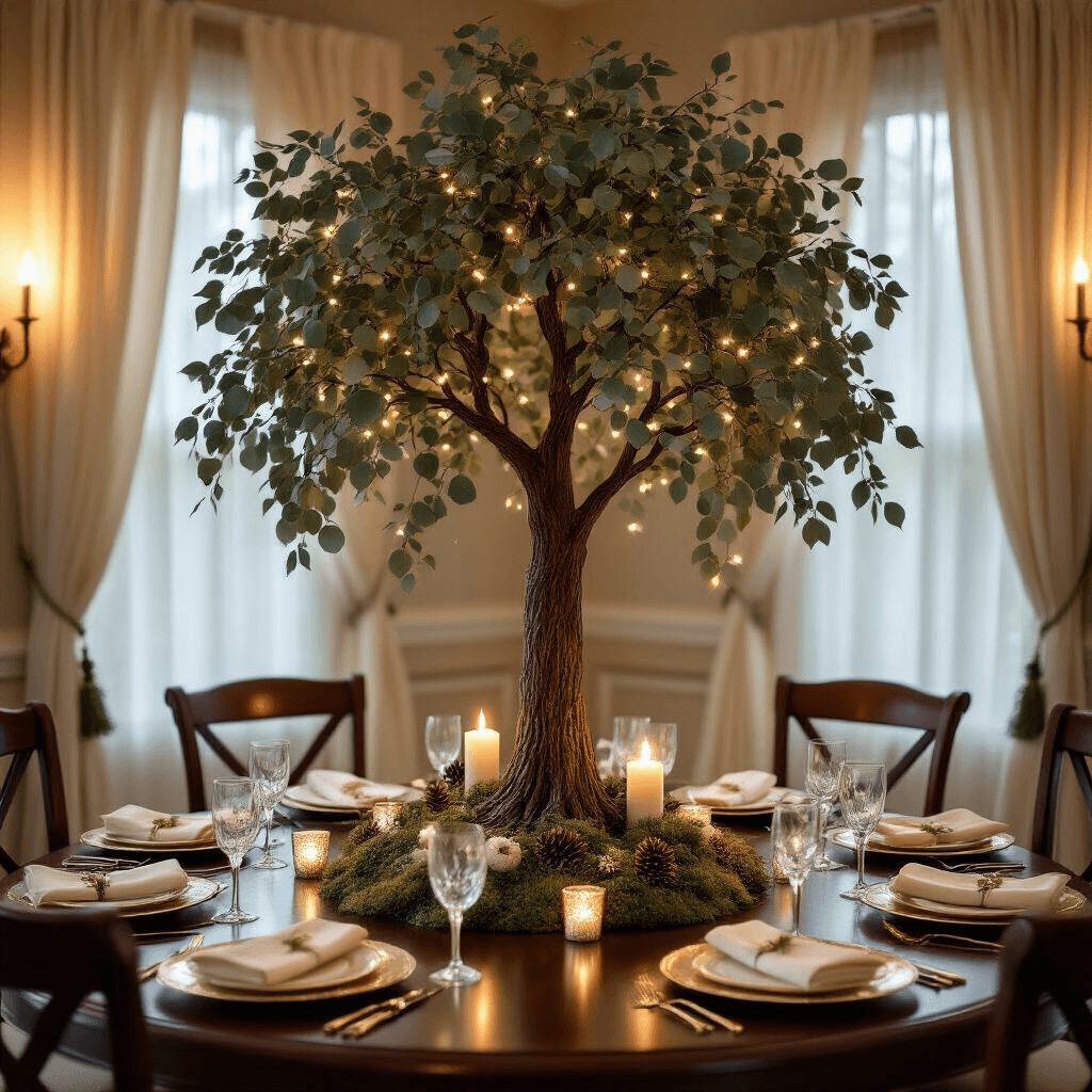Creating Magical Forest Centerpiece Ideas That Transform Any Table Into an Enchanted Woodland Cinematic wide-angle shot of an elegant indoor dining room with a 30-inch tall artificial tree centerpiece on a rich mahogany table, soft evening candlelight, sheer cream curtains, and woodland-themed decor including preserved moss, pinecones, and white flowers, set for eight with ivory silk linens and gold-rimmed plates.