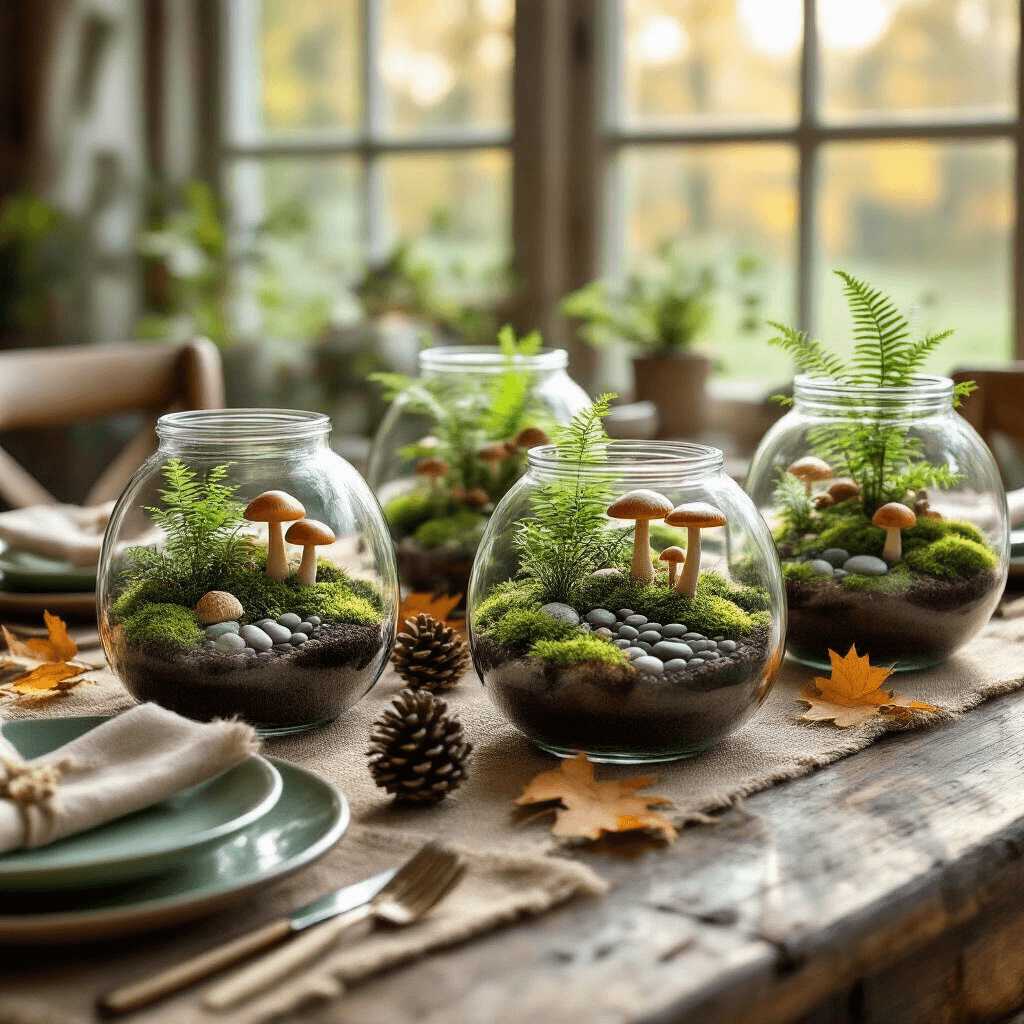 Creating Magical Forest Centerpiece Ideas That Transform Any Table Into an Enchanted Woodland Overhead flat lay of a DIY fairy garden centerpiece on a rustic wooden table, featuring glass bowls with miniature forest scenes, tiny ferns, and moss, surrounded by natural elements like pinecones and leaves, with cozy table settings including mason jars and sage green plates, illuminated by soft morning light.