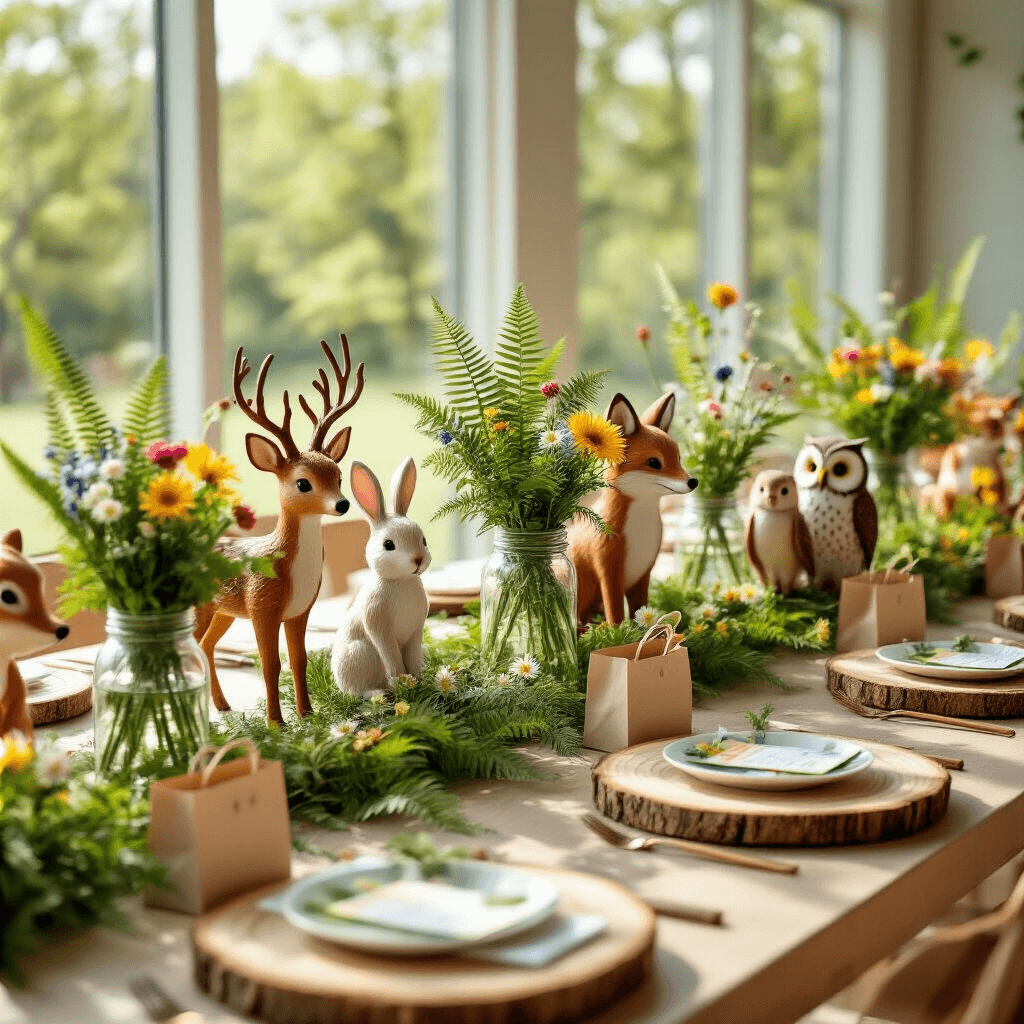 Creating Magical Forest Centerpiece Ideas That Transform Any Table Into an Enchanted Woodland A whimsical children's birthday party table adorned with woodland animal figurines, vibrant wildflowers, and natural decor elements, all bathed in bright natural light from large windows, creating a magical yet inviting atmosphere.