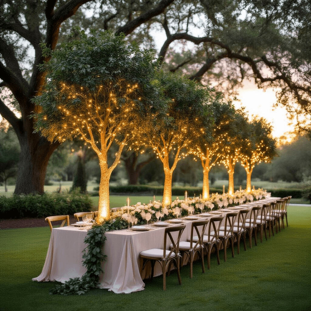 Creating Magical Forest Centerpiece Ideas That Transform Any Table Into an Enchanted Woodland Wide-angle shot of an enchanted outdoor garden wedding reception table at golden hour, featuring elegant tall tree centerpieces with fairy lights, a long rectangular table set for twelve with preserved eucalyptus garlands, white garden roses, and a sophisticated color palette of blush pink, ivory, sage green, and warm gold under a magical forest canopy of oak trees.